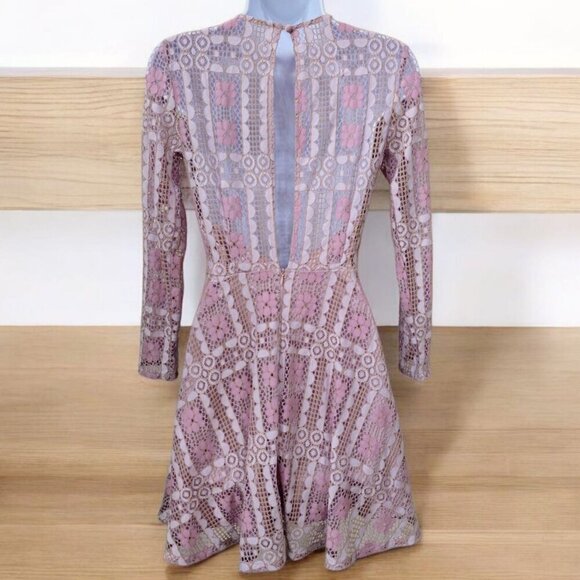 ModCloth ✦ Lace Skater Dress ✦ Pink & Beige Floral Sheer Long Sleeves Open Back - Picture 7 of 16